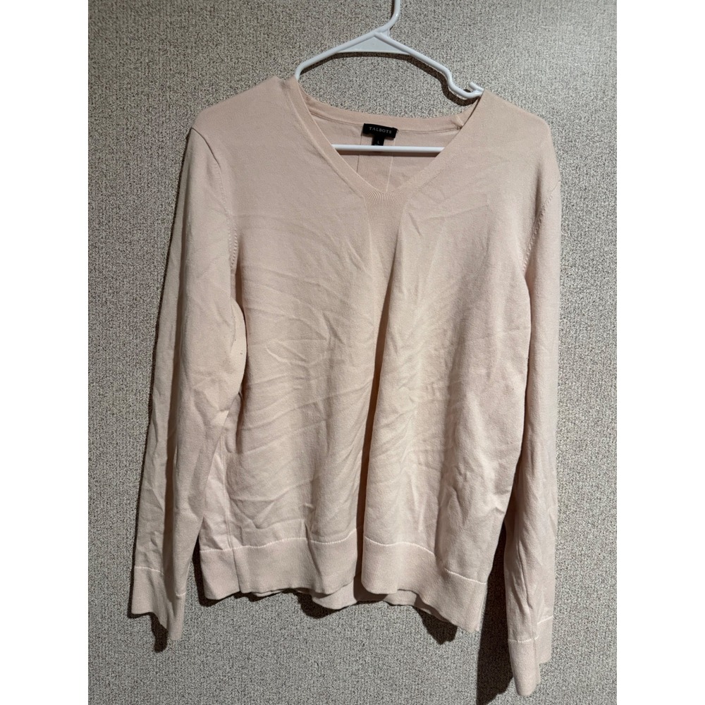 Talbots Womens V-Neck Sweater Blush Pink Cotton Blend Knit Pullover Large